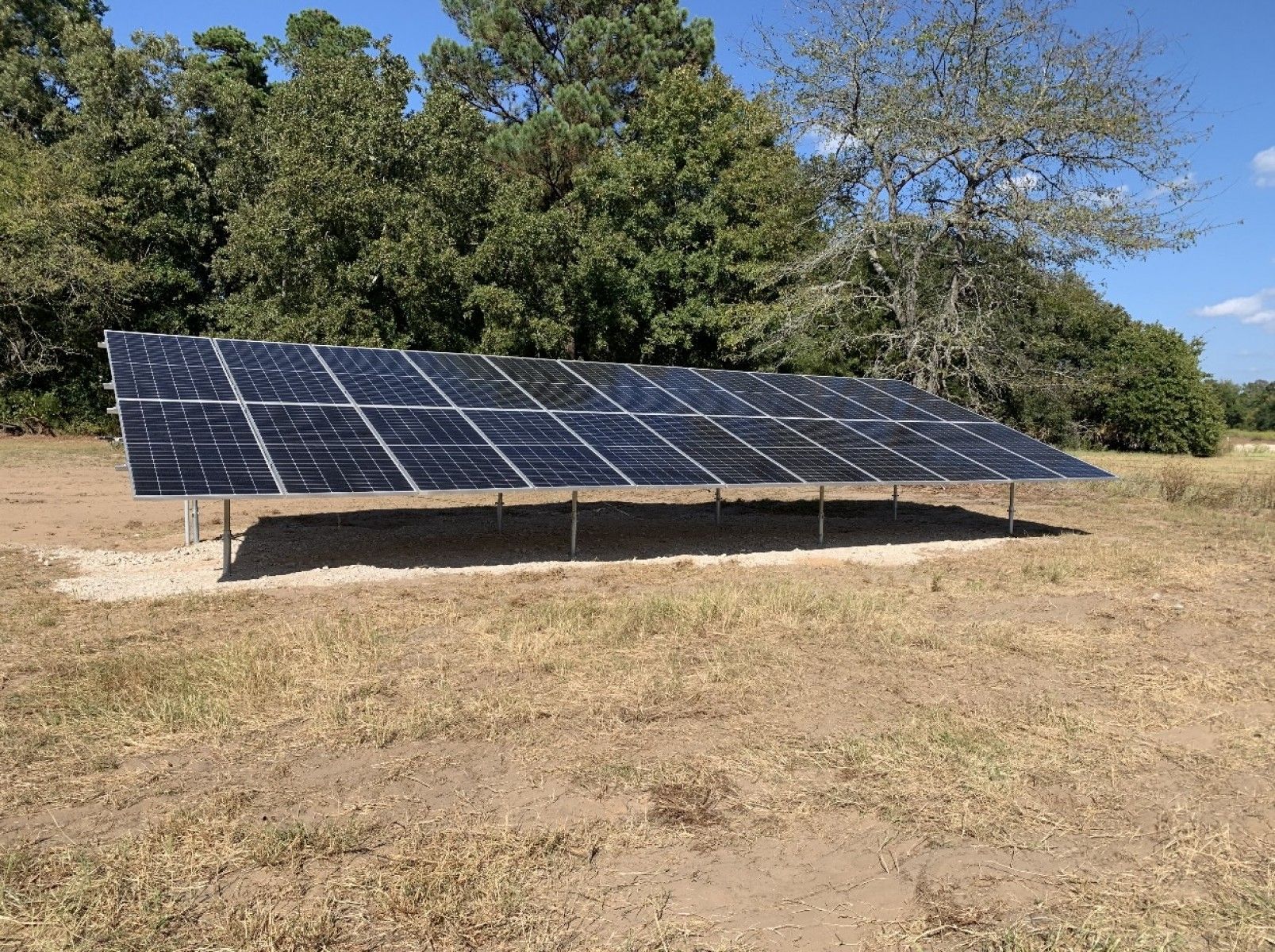 A large ground-mounted solar panel array installed in a sunny, grassy field near a treeline.