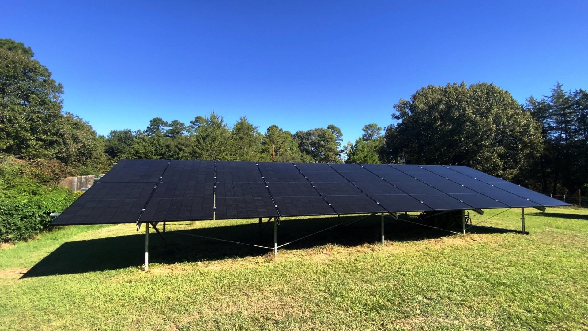 A ground-mounted solar panel array sits in a grassy field under a clear blue sky, bordered by green trees.