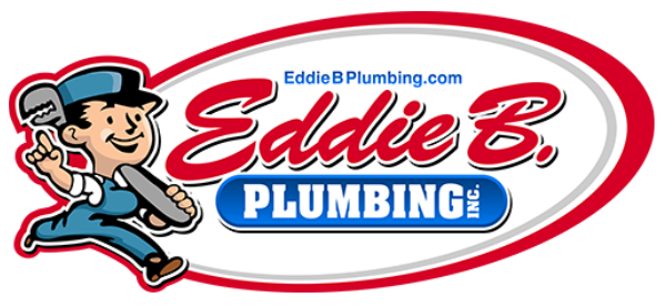 the logo for eddie b. plumbing shows a cartoon man holding a wrench .