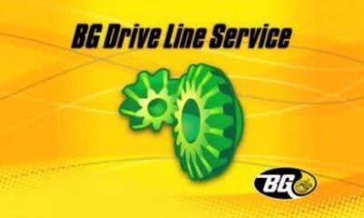 An advertisement for bg drive line service with green gears on a yellow background
