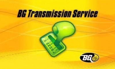 An advertisement for bg transmission service with a green gearbox on a yellow background
