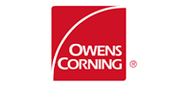 Owens Corning logo featuring white text on a red square background with a white swoosh across the top.