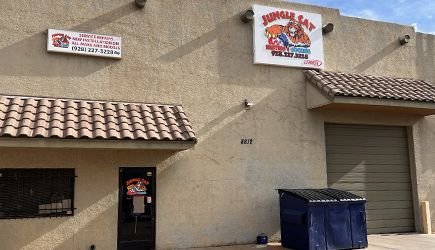 A building with a dumpster in front of it and a sign that says Jungle Cat.