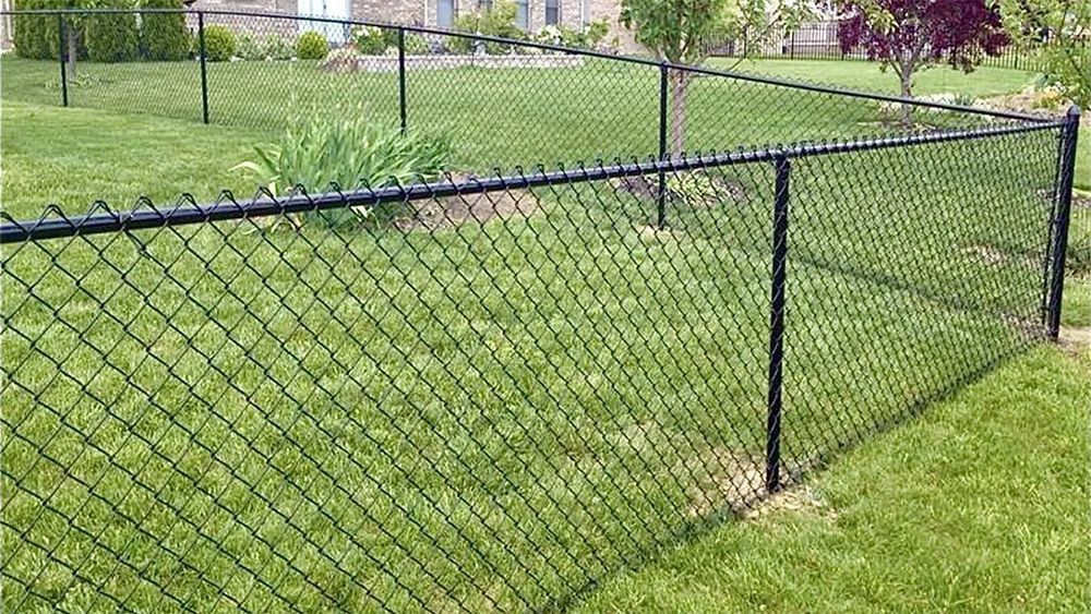 A chain link fence is in the middle of a lush green yard.