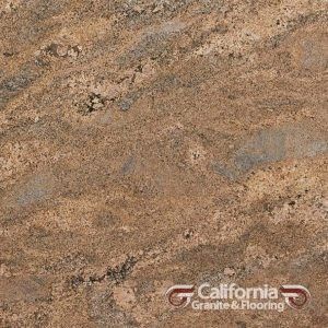 Close-up of brown and tan granite with wavy, mottled patterns. Logo of