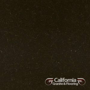 Dark brown granite countertop with subtle veining, the logo for California Granite & Flooring in the lower right.