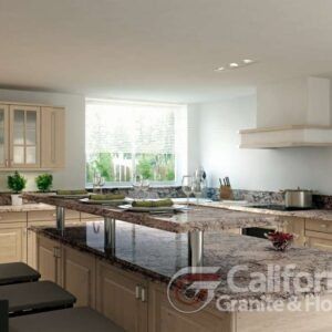 Kitchen with granite countertops, island, cabinets, window, and stove.