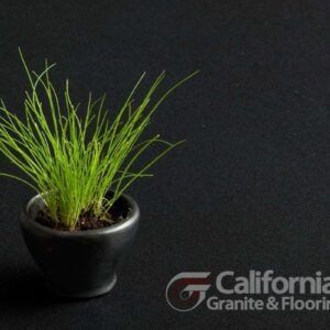 Small pot of green grass on a black surface; California Granite & Flooring logo.