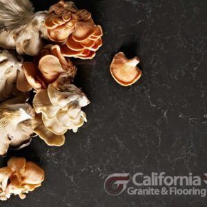Mushrooms on a dark countertop with the California Granite & Flooring logo.
