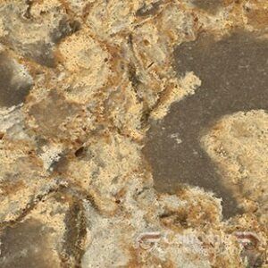 Close-up of a countertop with a tan, brown, and gray marbled pattern.