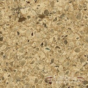 Beige and brown speckled quartz countertop surface.