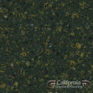 Dark green granite with gold and black speckles, California Granite & Flooring logo in corner.