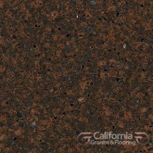 Brown granite with dark flecks, for countertop or flooring. California Granite & Flooring logo.
