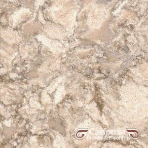 Beige and tan quartz countertop with marbled grey veining.
