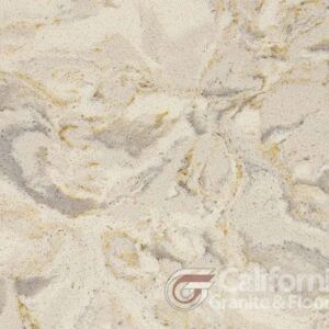 Cream-colored quartz countertop with swirling golden and gray veining; from California Granite & Flooring.
