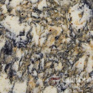 Granite countertop with swirling patterns in off-white, black, brown, and specks of red.