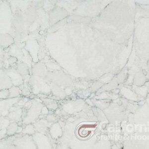 White marble slab with gray veining; California Granite & Floors watermark.