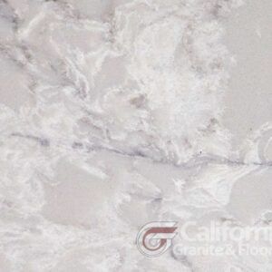 White marble with cloudy swirls and subtle gray veining; California Granite & Floor logo.