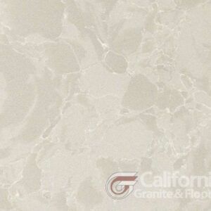 Light beige quartz countertop with subtle veining and California Granite & Floors logo.