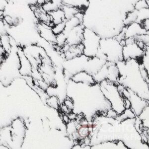 White stone surface with dark, swirling veining.