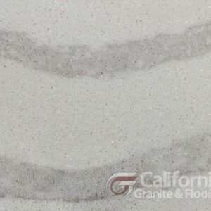 White countertop with light grey wave-like patterns, small speckled details, California Granite & Floor logo in the bottom right.