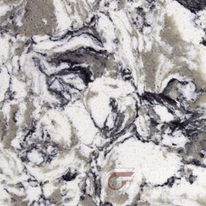 Swirling white, gray, and black marble pattern with a cloudy appearance.
