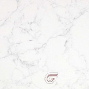 White marble pattern with gray veining, featuring a decorative logo in the bottom center.
