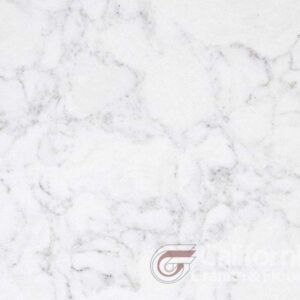 White marble countertop with gray veining.