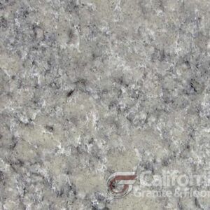 Light gray granite countertop with dark gray flecks and the California Granite & Floor logo.
