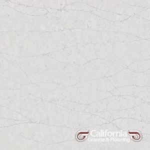 White quartz surface with subtle grey veining, California Granite & Flooring logo.