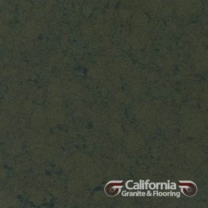 Dark green granite surface with darker veining, California Granite & Flooring logo.