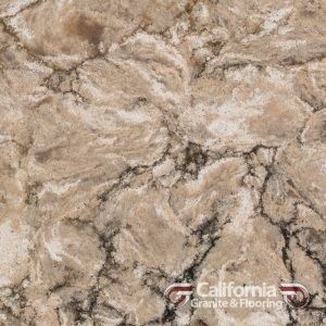Tan and beige quartz countertop with dark veining.