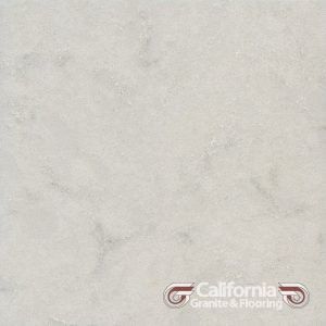 White and gray marble tile with subtle veining, and California Granite & Flooring logo in the corner.