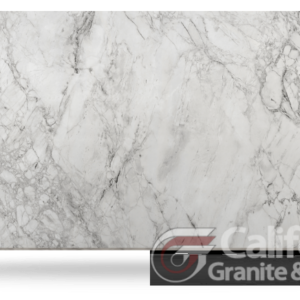 White marble slab with gray veining, displayed with a California Granite & Design logo.