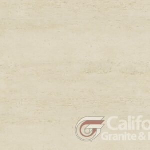 Cream-colored travertine stone with light horizontal veining, logo in corner.