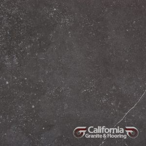 Dark gray stone tile with white veining and a company logo.