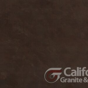 Dark brown granite surface with a logo for