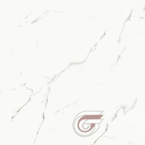 White marble tile with gray veining; a logo in the corner.