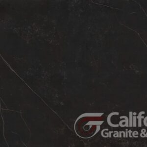 Black granite countertop with white veining, logo of