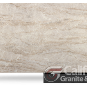 Cream-colored marble slab with swirling patterns and a California Granite & Tile logo.