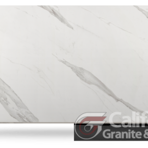 White countertop with grey veining, logo in lower right corner.