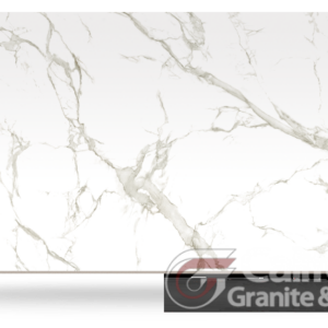 White marble slab with gray veining; the bottom right corner shows a company logo.