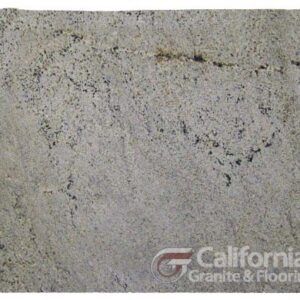A slab of granite with a speckled gray and tan pattern, labeled