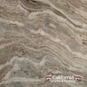 Beige, brown, and white marble surface with wavy patterns.