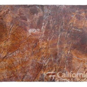 Brown and copper-colored granite countertop with various veins and markings, suitable for kitchens.