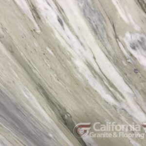 Light green and gray marble slab with swirling patterns, California Granite & Flooring logo in corner.