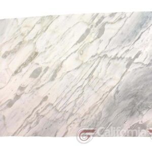 White marble slab with gray and gold veining, used for countertops or similar.