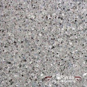Close-up of light gray terrazzo, speckled with various shades of gray and other flecks.