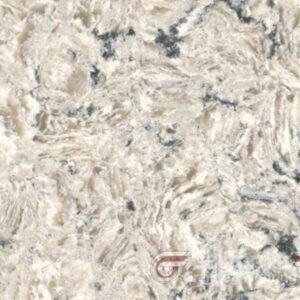 Beige and cream quartz countertop with dark gray veining.