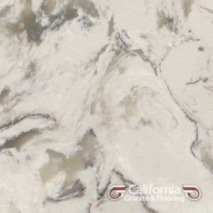 White quartz countertop with gray and black veining; California Granite & Flooring logo.